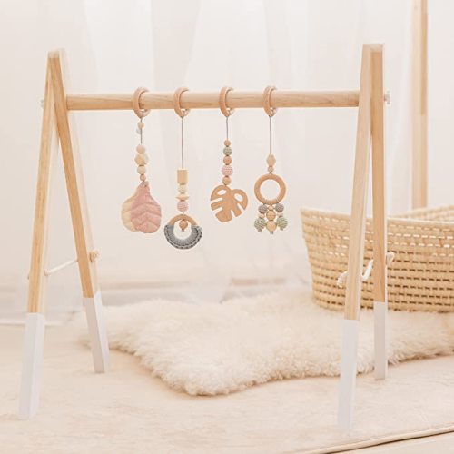 Wooden Play Gym with 4 Hanging Toys Foldable Baby Play Gym Frame Activity Center Hanging Bar Baby Tummy Time Play Gym Ideal Gift for Newborn Baby Boys Girls/Pink