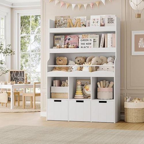 HITHOS 55.3" H Kids Bookshelf with Toy Storage Organizer, Tall Book Shelf with 3 Movable Toy Storage Bins, Large Kids Bookcase with Toy Chest, 39.2" W Modern Toy Box for Kid Room, Playroom, White