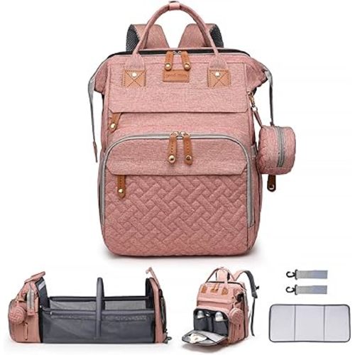 Baby Diaper Bag Backpack Diaper Bag Multifunctional Waterproof Diaper Bag with Changing Station Travel Diaper Backpack with Changing Pad, Pacifier Case & Stroller Straps(Pink)