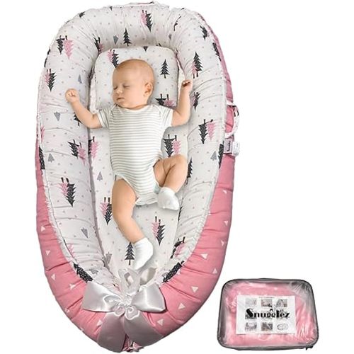 Baby Lounger Pillow for Newborn 0-24 Months, 100% Breathable Cotton Baby nest, Reversible co Sleeper for Baby in Bed, Portable Infant Lounger, Newborn Essentials Must Haves - Pink