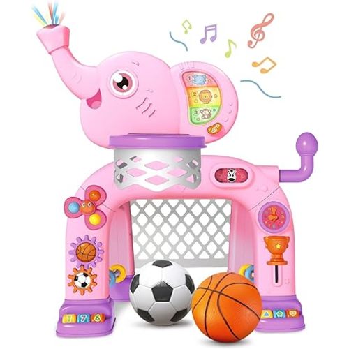 Shemira Toddler Basketball Hoop & Soccer Goal Activity Center Toys with Light & Music,Elephant Toddlers Musical Toys Gift, Baby & Toddlers Christmas Birthday Gift for 1 2 3 Year Old Boys & Girls