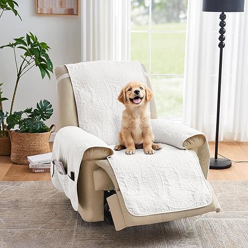 Quilted Recliner Chair Covers, Water-Repellent Recliner Slipcovers, White Recliner Covers Stay in Place, Pet Friendly Recliner Cover for Dogs, Washable Chair Protector (Recliner 22", White)