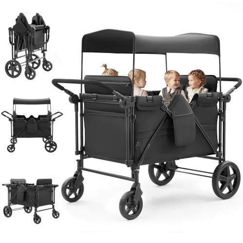 Wagon Stroller for 4 Kids, 4 Seater Stroller Wagon Foldable Featuring Dual Push Handles, Adjustable Canopy, 5-Point Harnesses and High Seat, Outdoor, Black
