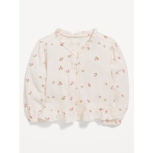 Printed Long-Sleeve Ruffle-Trim Double-Weave Top for Toddler Girls