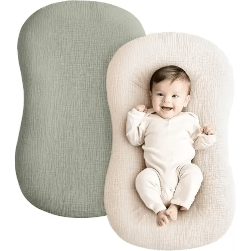 Konssy Muslin Baby Lounger Cover 2 Pack, 100% Cotton Newborn Lounger Cover, Soft and Breathable Lounger Cover for Boys Girls, Covers Only (Fog Green,Cream)