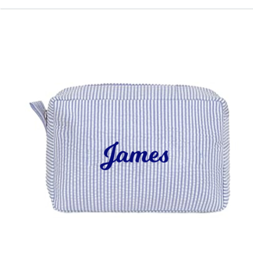 MT WORLD Cosmetic Bag Personalized Makeup Bag Seersucker Preppy Bridesmaid Makeup Bag Aesthetic Cute Women Toiletry Bag Girls Handbags Purses (Blue)