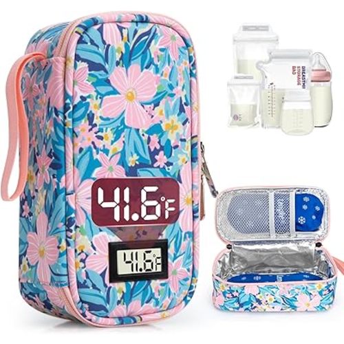 Breast Milk Cooler Travel Bag, Real-Time Temperature Display, Holds 4-6 Breastmilk Storage Bag with 2 Breast Milk Ice Pack, Cooling & Waterproof Portable Cooler for Moms on The Go(Pink Flower)