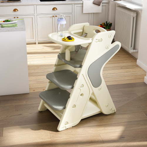 Wohh 3 in 1 Multi Functional Growing Up Dining Chair for Eating, Convertible Baby High Chair Toddler Learning Tower & Step Stool, Adjustable Height with 5-Point Harness, Removable Tray(Grey)