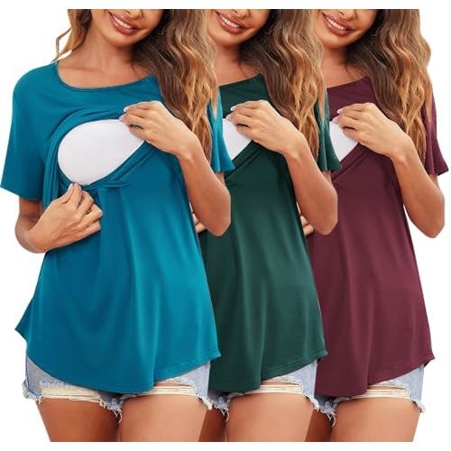 Ekouaer Women's Maternity Shirts Short Sleeves Nursing Tops 3 Pack Double Laye Breastfeeding Tees Pregnancy Clothes S-XXL