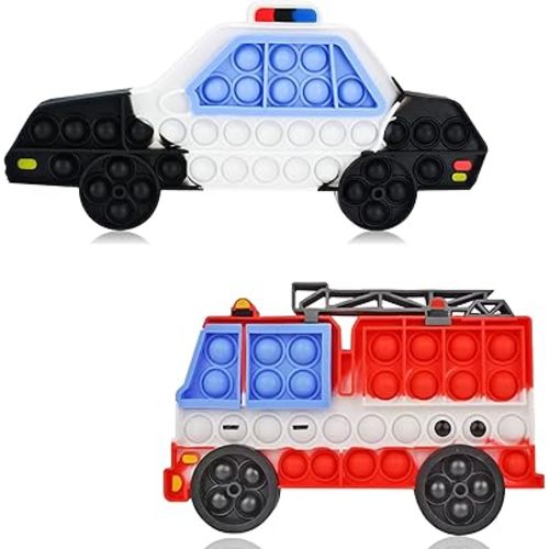2 Packs Fidget Sensory Toys,Kids Boy Police Car Fire Truck Vehicle Toy,Detachable and Assembled Puzzle Fidgets,Stress Relief Autism Push Bubble Poppers,Travel Birthday Gifts for Toddlers Teens