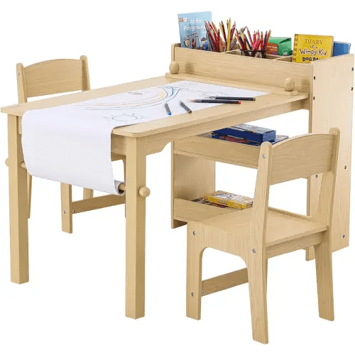 VEVOR Kids Art Table and Chair Set, Kids Craft Table with Storage, Toddler Activity Play Table with 2 Chairs, Wooden Drawing Deask for Children Painting, Reading, Learning