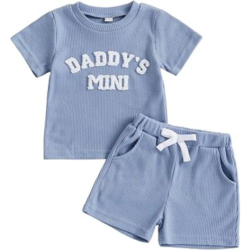 Kupretty Toddler Baby Boy Summer Clothes Embroiderey Waffle Knit Short Sleeve T-Shirt Tees + Casual Shorts Cute Clothing Set