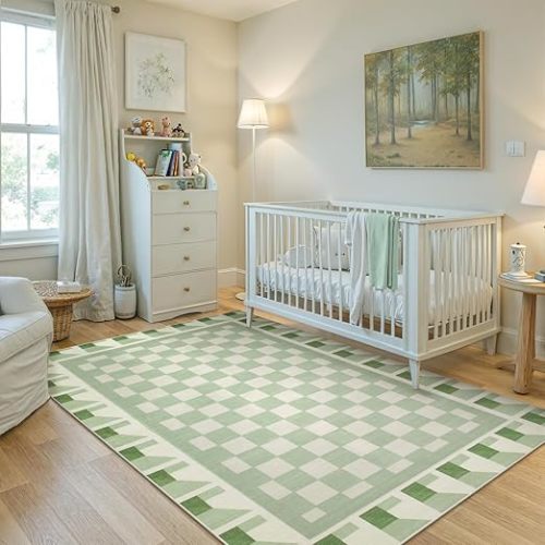 Morebes Washable Checkered 5x7 Area Rugs for Living Room, Non Slip Sage Green Rugs for Bedroom Girls, Low Pile Soft Funky Throw Carpet for Bedroom Kids Room Nursery, Dorm Home Decor