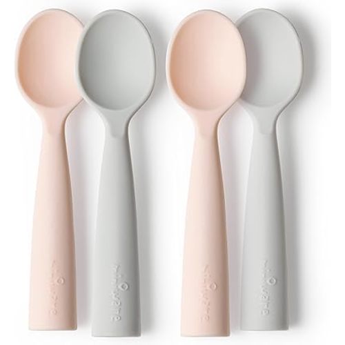 Miniware Silicone Baby Spoon for Training - BPA Free Baby Utensils - Baby Spoons Self Feeding 6 Months | 100% Food Grade Silicone - Modern & Dishwasher Safe Toddler Spoons (Grey and Peach, 2 Pack)
