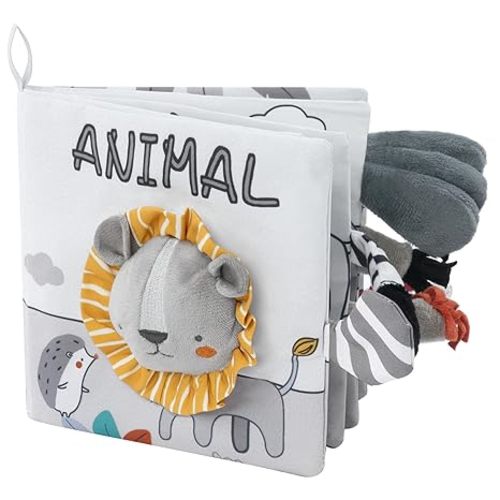 Vicloon Cloth Books, 3D Touch Feel High Contrast Cloth Book, Baby Books Toys for Baby 0-12 Months, Soft Baby Books Touch and Feel Crinkle for Infants Toddler Gifts Toy(Lion) - Gray Lion
