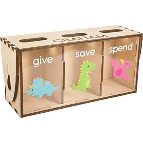 Personalized Dinosaur Piggy Banks for Kids Boys Girls, Large Give Save Spend Children Coin Bank, Custom Christmas Birthday DIY Gift for Toddler