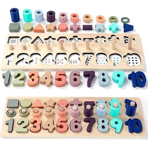 BEKILOLE Wooden Montessori Toys for Kids Toddler Number Puzzles Sorter Counting Shape Stacker Stacking Game Preschool Toys for Boy Girl Learning Education Math Blocks Boy & Girl Gifts and Beyond