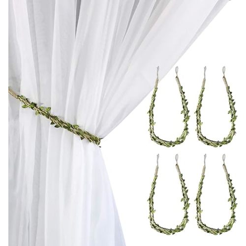 Valea Home Curtain Tiebacks Ropes Natural Burlap Rope Holdbacks with Artificial Vines Fake Foliage Ivy Leaf for Rustic Wedding Party Home Decorative Curtain Holders, Set of 4