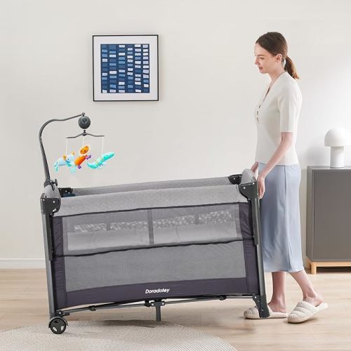 5 in 1Pack and Play, Portable Pack and Play with Mattress, Baby Pack and Play Easy to Assemble Fully Equiped, Toddler Travel Pack and Play Large Playard, 3 Layers,Diaper Caddy, Musical Toy Bar