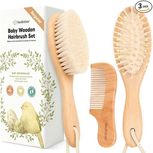 Baby Hair Brush Set for Newborns - Soft Goat Bristle Wooden Baby Brush and Comb Set Newborn Grooming Kit for Cradle Cap, Durable & Gentle, Boy, Girl Infant Essentials Care Kit Brush (Regular, Walnut)
