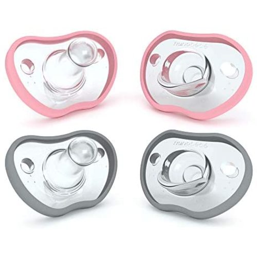 Nanobebe Baby Pacifiers 3+ Months - Orthodontic, Curves Comfortably with Face Contour, Award Winning for Breastfeeding Babies, 100% Silicone - BPA Free. Baby Registry Gift 4pk,Pink/Grey