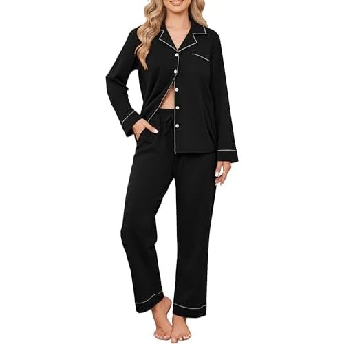 Ekouaer Womens Pajamas Set Cotton PJs Long Sleeve Sleepwear Button Down Tops and Pants 2 Piece Lounge Set