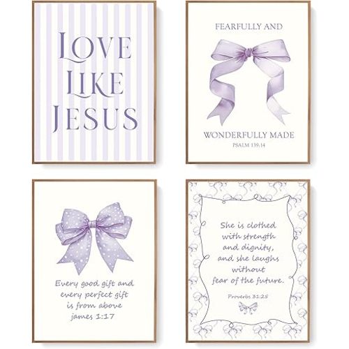 LARTSFRO Coquette Purple Bow Jesus Wall Art Decor Posters, Purple Bow Room Bedroom Bathroom Wall Art Decor Aesthetic for Teen Girls Gifts, Inspirational Bible Verses Bow Wall Decor, 12x16 Inch Set of 4 Bow Pictures Unframed