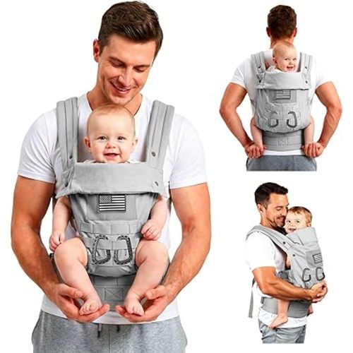 Baby Carrier, Lumbar Support Infant Carrier (0-36M, 8-33 lbs) with Foldable Headrest Carabiners for Big and Tall Parents, Men, Women, Grey
