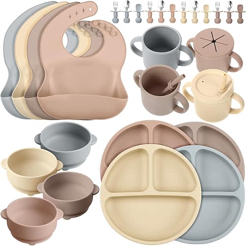 Yinder 32 Pack Silicone Baby Feeding Set Baby LED Weaning Supplies Includes Suction Divided Plates Soft Bowl Spoons Forks Adjustable Bib Snack Cup with Lid and Straws (Soft Color)