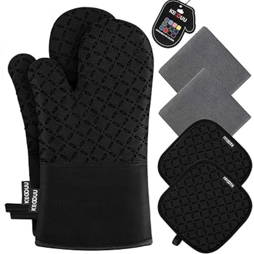 KEGOUU Oven Mitts and Pot Holders 6pcs Set, Kitchen Oven Glove High Heat Resistant 500 Degree Extra Long Oven Mitts and Potholder with Non-Slip Silicone Surface for Cooking (Black)