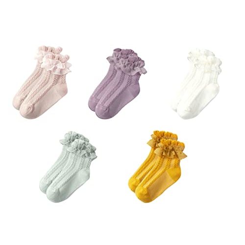 Gwenvenni Toddler Girls Double Ruffle Lace Trim Cotton Socks Frilly Dress Socks 5-Pack