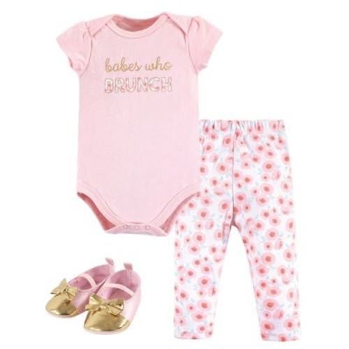 Little Treasure Baby Girl Cotton Bodysuit, Pant And Shoe 3pc Set, Brunch, 3-6 Months