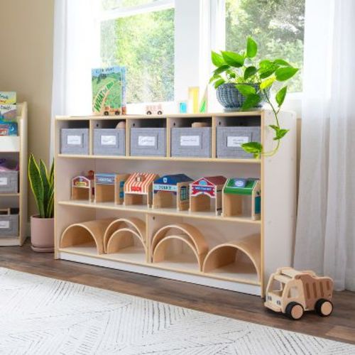 Guidecraft Edq Shelves And 5 Bin Storage Unit 30" - White: Kids' Wooden Bookshelf Cubby Shelving With Organization For School And Home