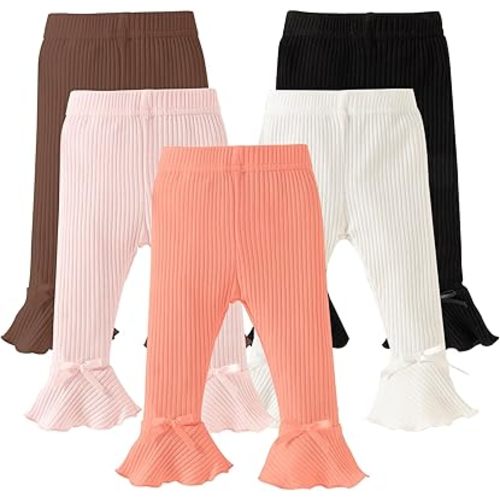 DREAM BUS 5 Pack Baby Pants Toddler Girl Ribbed Ruffle Bell Bottoms Toddler Leggings Baby Boy Pants Newborn Girl Flare Pants