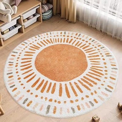 Poowe Cute Point Rings Kids Play Mat Baby Nursery Rug Round Educational Alphabet Soft Area Rug Non Slip for Children Toddlers Bedroom (Round 47.2")