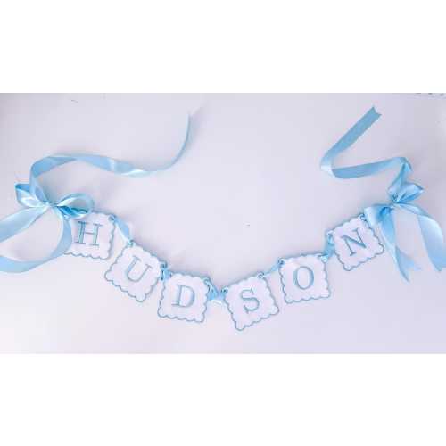 Custom Baby Name Banner, Scallopped Bow Name Banner, Embroidered Baby Banner, blue and white Baby Name Banner, Custom Embroidered Banner