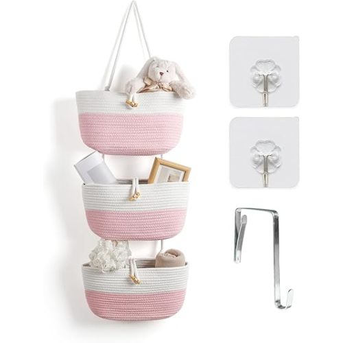 ANTIS'S HOME Over The Door Organizer Hanging Basket, 3-Tier Woven Cotton Wall-Mounted Nursery Storage Organizer Bag Boho Decorative Hanging Nursery Baskets for Living Room Bedroom - Pink