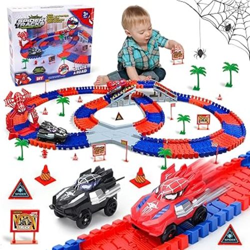 Spider Hero Monster Truck Toys for 3 4 5 6 7 8 9 Year Old Boys Girls: Race Track Set with 2 Spider Cars Electric Vehicle Kids Toys Gift for Boys Girls Age 3-9 Years Birthday Presents（212PCS）