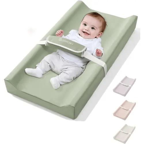 COMOMY Baby Changing Pad with Wipeable & Waterproof PU Cover, Contoured Diaper Changing Pad for Dresser with Non-Slip Safety Belt, Portable and Lightweight, Large Cushioned Foam, Green
