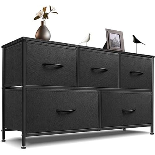 Dresser for Bedroom with 5 Drawers, Chest of Drawers, Storage Drawers Organizer Unit, Black Wide Fabric Dresser with Fabric Bins for Closet, Living Room, Bedroom (Charcoal Black)