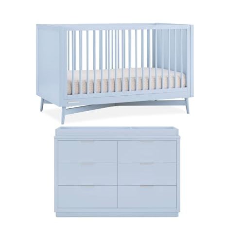 Delta Children Dylan Crib and Dresser Nursery Furniture – 4-in-1 Convertible Crib | 6 Drawer Dresser with Changing Top | Cloud Blue