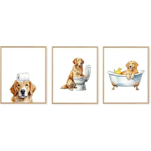 Boat Wades Golden Retriever Dog Bathroom Unframed Wall Art Prints,Funny Dog Bathroom Posters & Prints For Kids Bathroom Toilet Home House Living Room Decor, Goldendoodle Wall Art Prints 8x10 Set Of 3