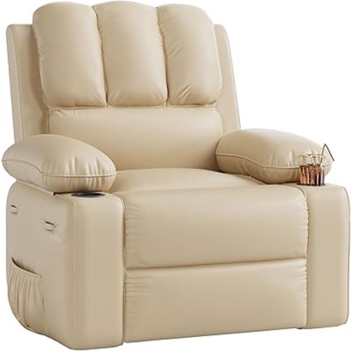 Recliner Chair with Heat and Massage – 360° Swivel Rocking Chair with Cup Holders, Side Pockets, and USB Port for Living Room, Bedroom, and Nursery, 22" Seat, Beige