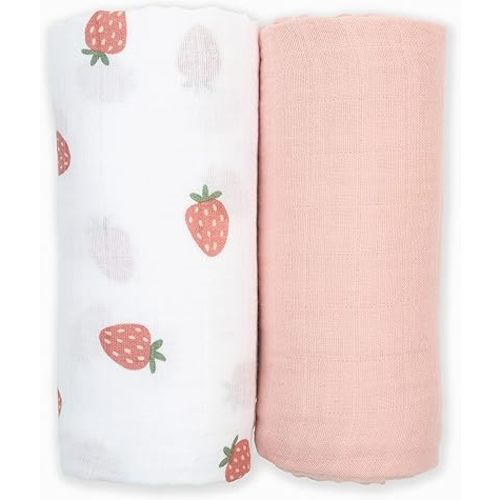 lulujo Baby Swaddle Blankets | Unisex Softest Breathable Cotton Muslin Swaddle Blanket Set | Neutral Receiving Blanket for Girls & Boys | 40in x 40in | Strawberries & Ballet Slipper | 2-Count