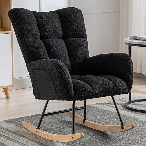 Rocking Chair Nursery, Teddy Upholstered Glider Rocker with High Backrest, Reading Chair Modern Rocking Accent Chairs Glider Recliner for Living Room, Nursery, Bedroom,Black