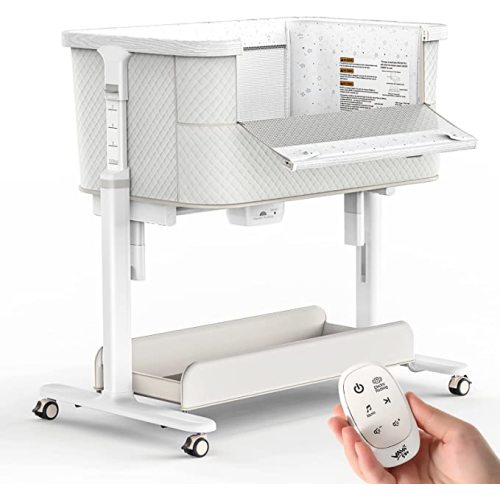 VaVaSoo Electric Rocking Bassinet for Baby 3 Speeds Automatic Bedside Sleeper Auto Rolling Newborn Cradle Rocks Itself 5 Height Adjustable with Music, Wheels, Storage, Grey & White