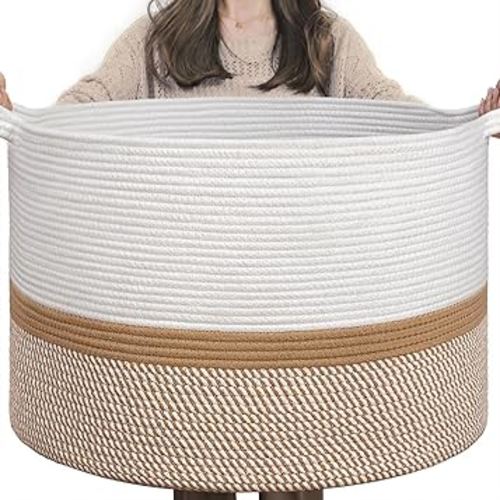 INDRESSME XXXLarge Cotton Rope Basket 21.7" x 21.7" x 13.8" Woven Baby laundry Blanket Basket for Home Decor Living Room Nursery, Toy Storage Baskets for Kids Boys Girls, White & Camel Mix