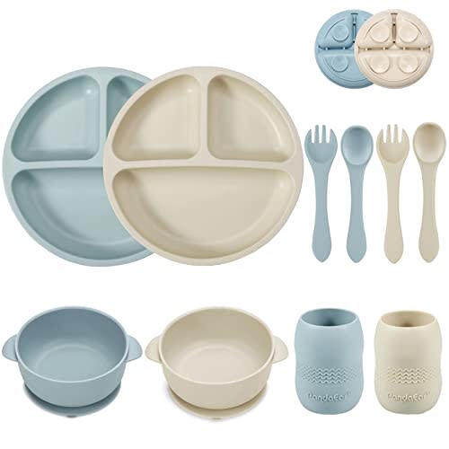 PandaEar Silicone Baby Feeding Set| 2 Divided Suction Plate + 2 Suction Bowl + 2 Tiny Cup with 2 Spoons| Baby Led Weaning Supplies Self Feeding Utensils (Blue White)