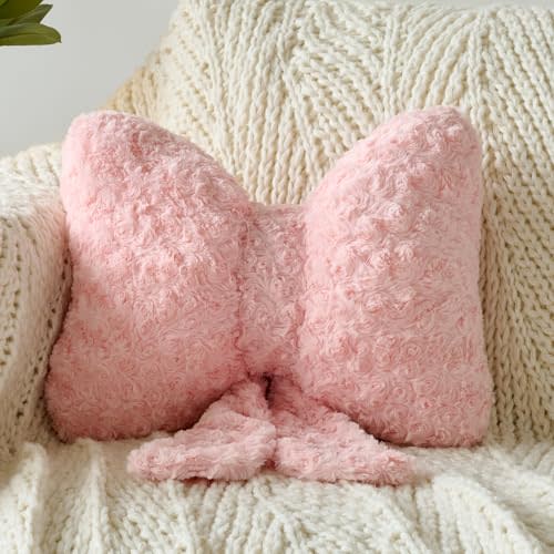 Bow Pillow, Decorative Bow Pillows with Soft Plush for Couch Bed, Bow Shaped Throw Pillow Room Decor for Bedroom, Bow Decorative Pillow for Living Room (Pink, Large-16 Inches)