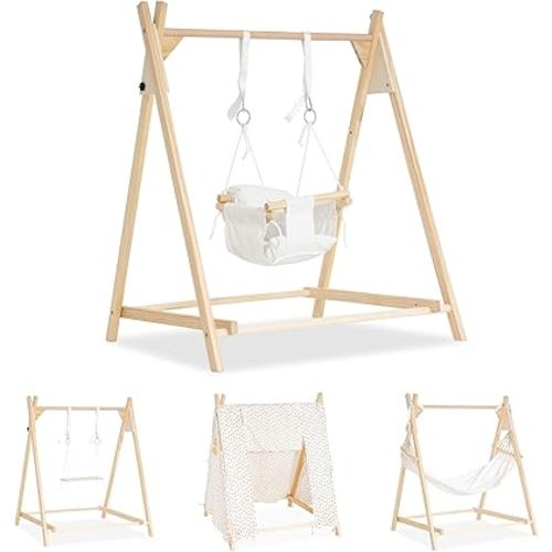 Wooden Baby and Toddler Swing with Stand, Seat Belt & Padded Pillow, Hammock and Tent,Foldable Baby Swing for Toddlers & Kids